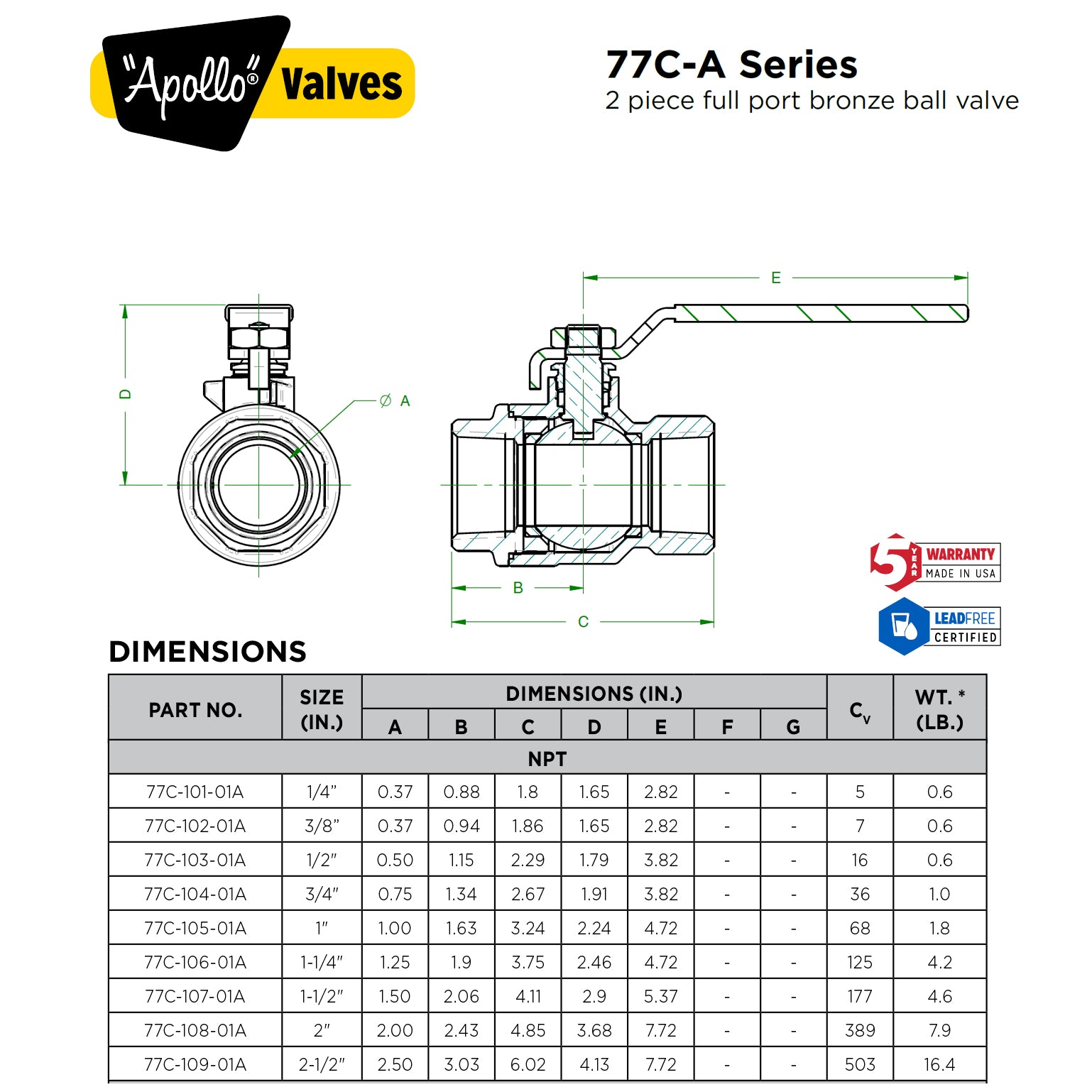 Apollo-Ventile, 77C-A - 2-teiliger Vollanschluss-Kugelhahn aus Bronze, NPT x NPT