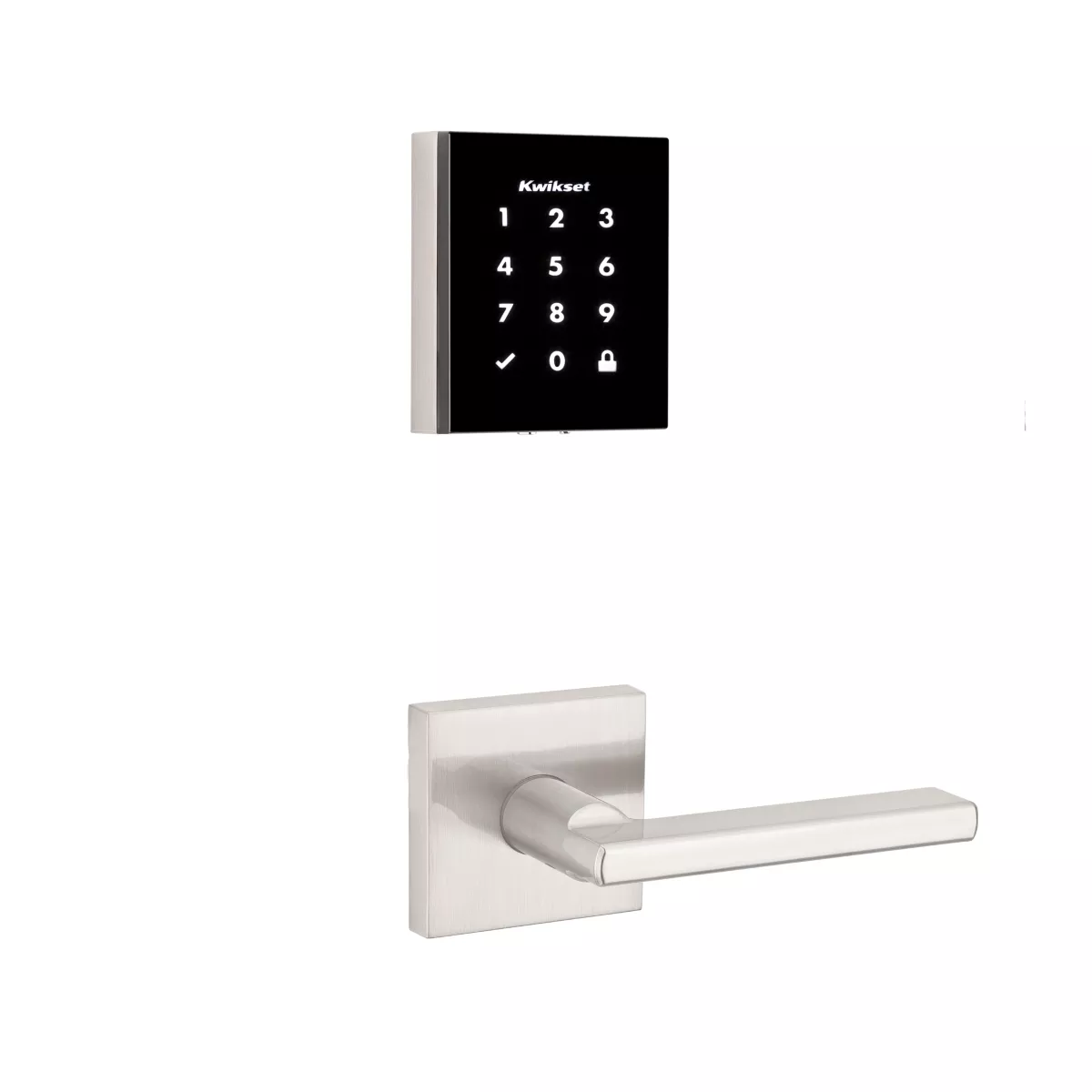 Kwikset, 953OBN-HFLSQT-15 Obsidianer elektronischer schlüsselloser Smartcode-Riegel mit Halifax-Hebel und quadratischer Rosette Durchgangsschloss mit RCAL-Falle und RCS-Schließblech Nickel satiniert