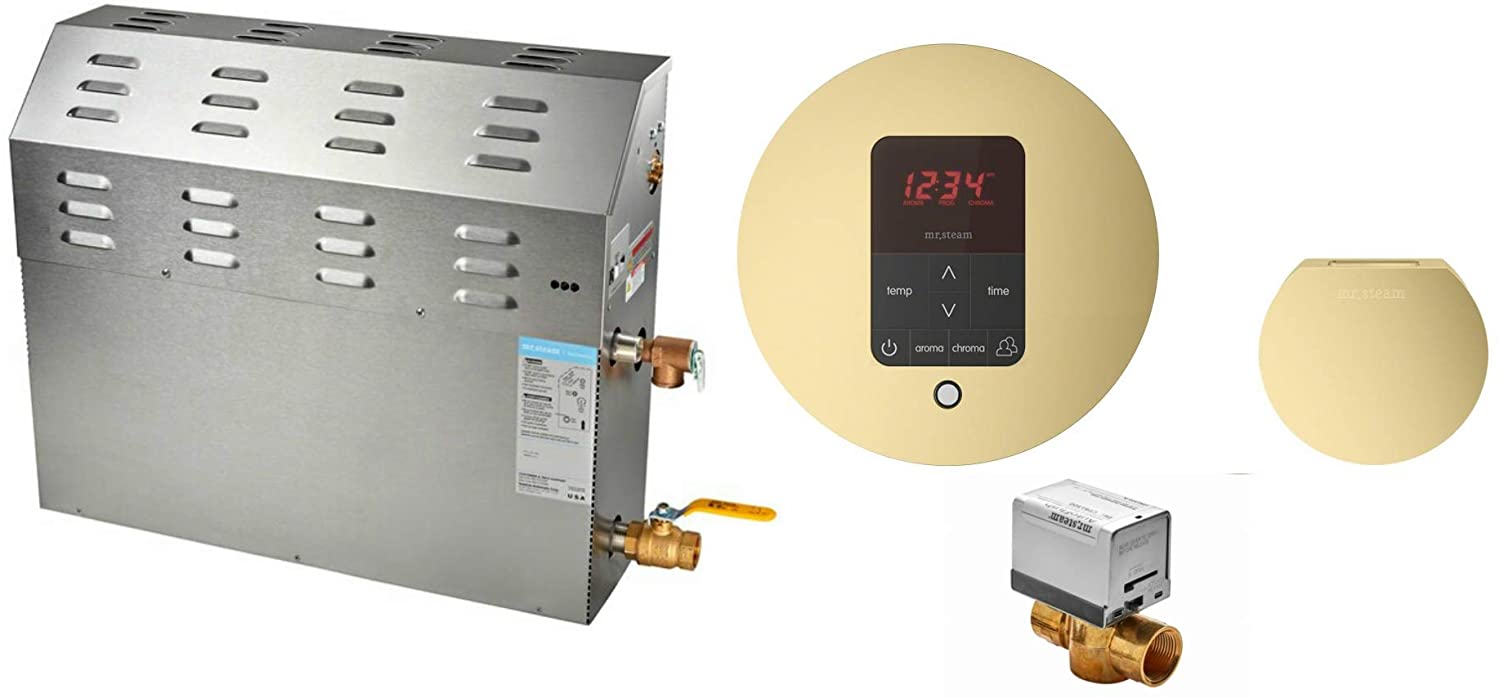 Herr Dampf, 9kW Dampfbadgenerator mit iTempo AutoFlush Rundpaket in Satin Brass