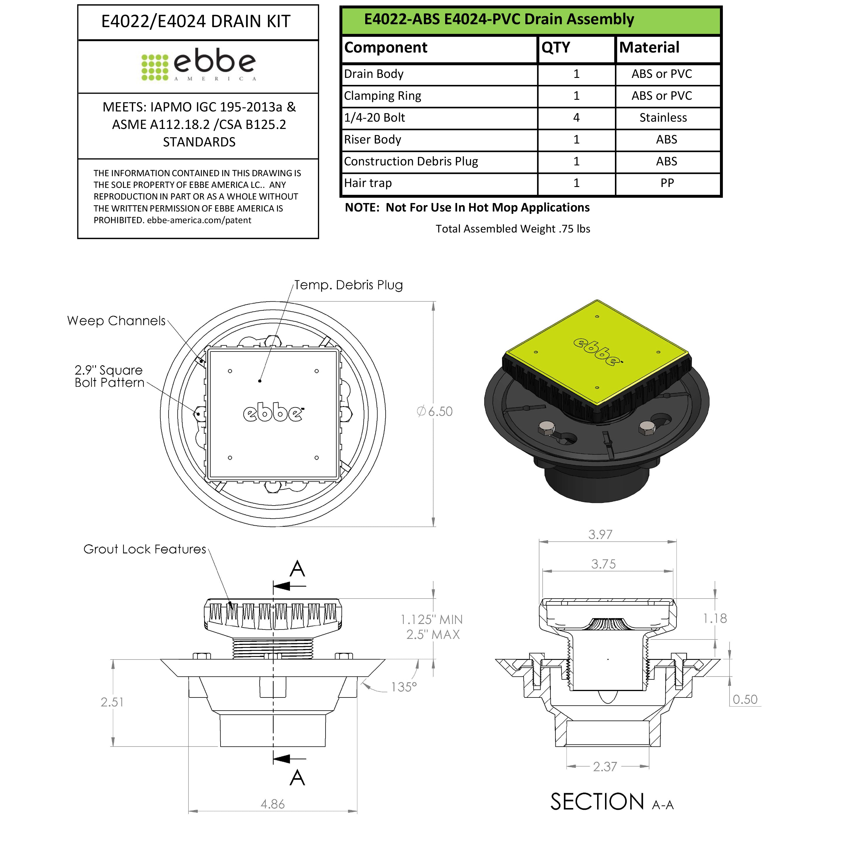 EBBE, E4022 - ABS Clamp Collar Drain Kit, enthält ABS Clamp Collar Drain Base und Square Riser