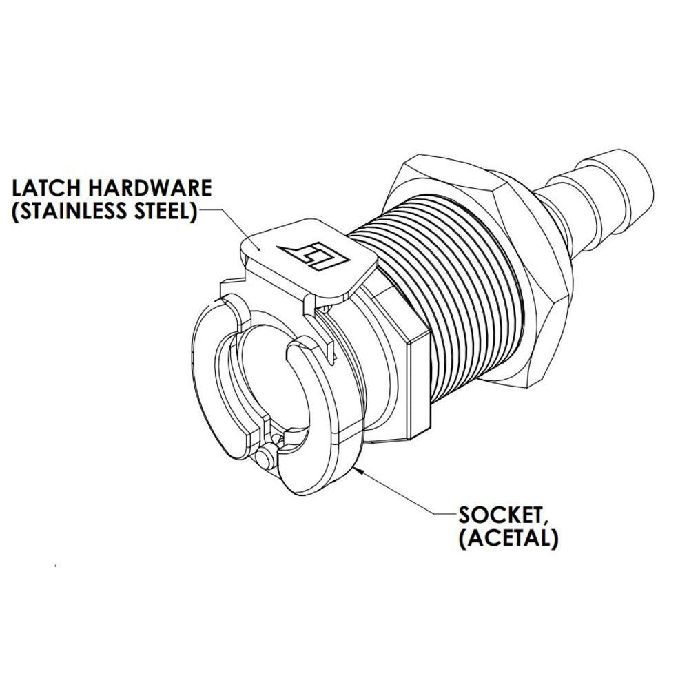 Linktech, LinkTech 40AC Serie Panel Mt. weiblich, mit Ventil, 1/4" HB, natürliches Acetal,